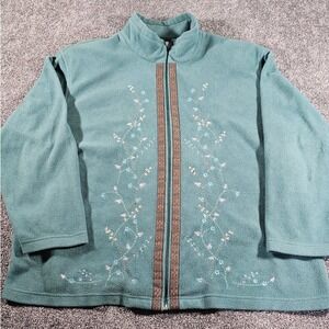 Teddi Women's Fleece Zip Up Jacket Teal Floral Embroidery Size 2X Vintage soft